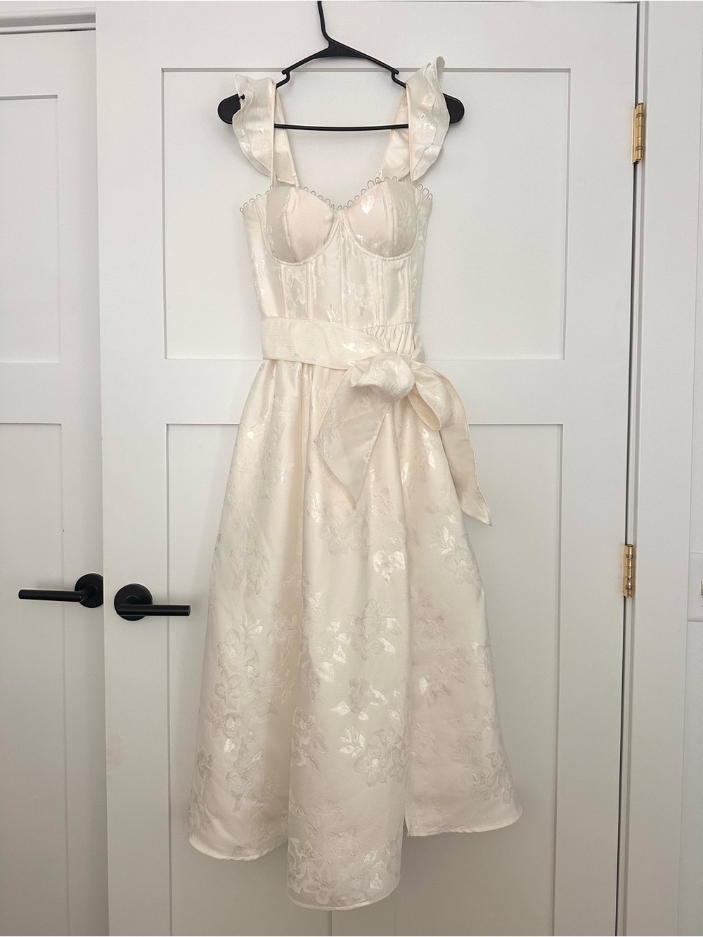 V. Chapman Ivory Floral Satin Fit-and-Flare Wedding Dress